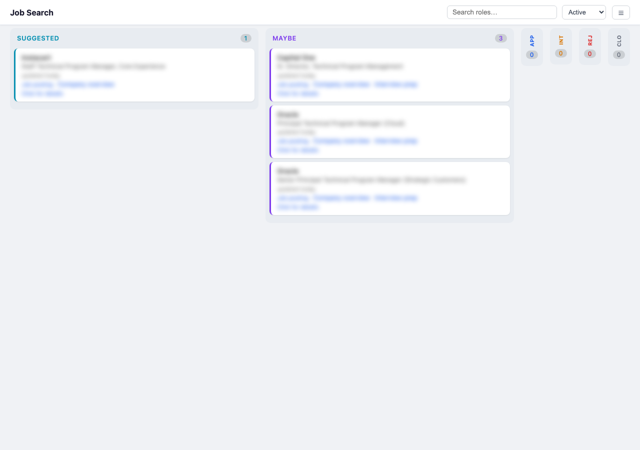 Kanban board showing job search pipeline with Suggested and Maybe columns