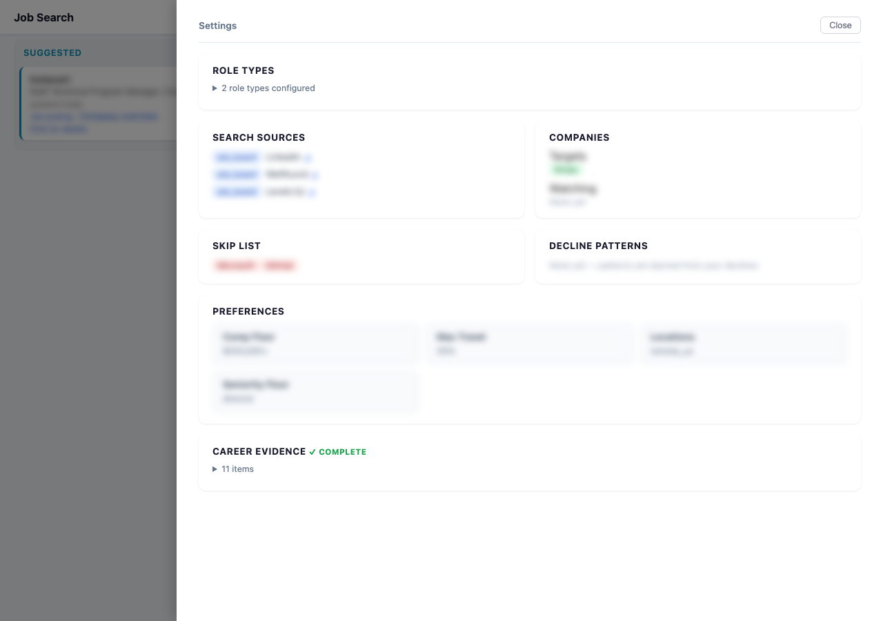 Settings panel showing role types, sources, skip list, and career evidence